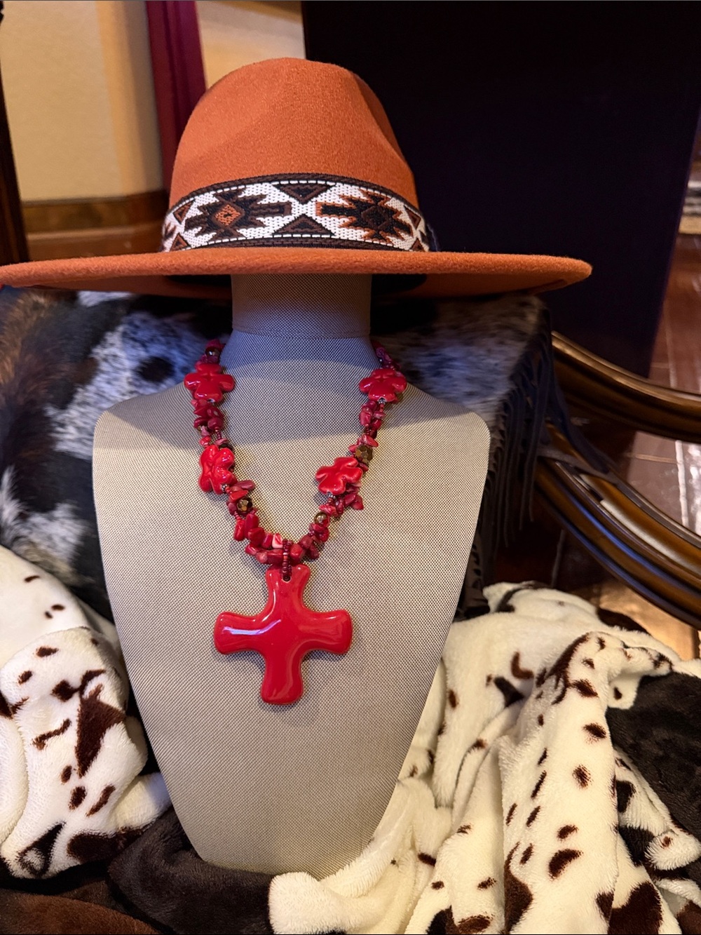 Pomegranate Red Stone and Beaded Cross Pendant Necklace